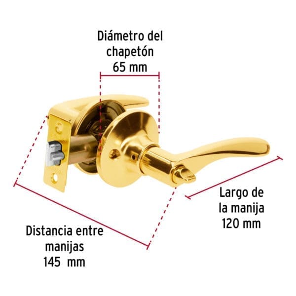 CERRADURA MANIJA RECAMARA, LATON BRILLANTE, HERMEX BASIC - Imagen 3