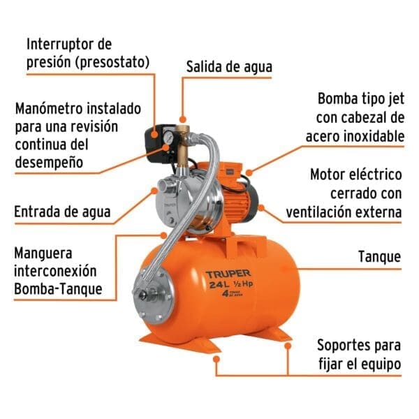 BOMBA HIDRONEUMATICA DE 1/2 HP 24 L TRUPER - Imagen 3