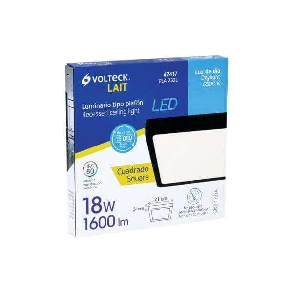 LUMINARIO LED TIPO PLAFON 18W, CUADRADO, LUZ DE DIA, NEGRO - Imagen 2