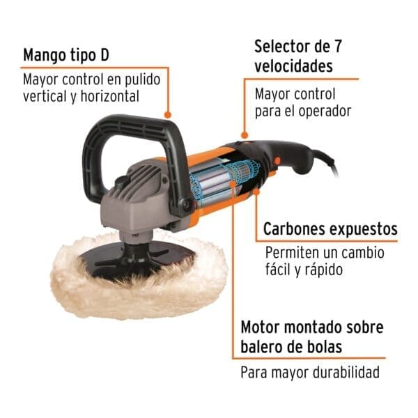 PULIDORA 7", 1200 W VELOCIDAD VARIABLE, PROFESIONAL, TRUPER - Imagen 2