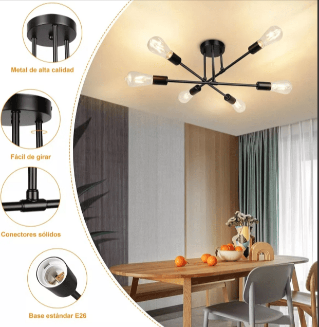 Lampara decorativa elegante de techo negra 6 entrada de focos - Imagen 3